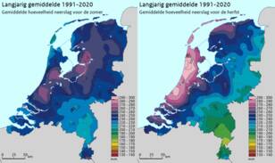 Landkaart van Nederland met daarop de verdeling van de gemiddelde neerslag over het land