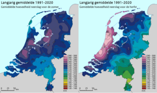 Landkaart van Nederland met daarop de verdeling van de gemiddelde neerslag over het land