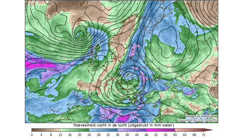 Plaatje van Europa met druklijnen en gebieden met veel versus weinig vocht in de lucht