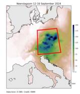 kaart met de totale hoeveelheid neerslag tussen 12 en 16 september 2024 op basis van de verzamelde neerslagmetingen van de Europese weerdiensten voor midden Europa. 