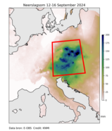 kaart met de totale hoeveelheid neerslag tussen 12 en 16 september 2024 op basis van de verzamelde neerslagmetingen van de Europese weerdiensten voor midden Europa. 