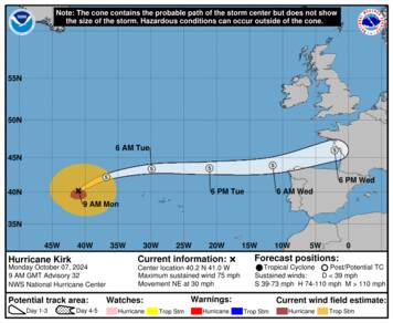 kaart van 7 oktober 2024 met de baan die storm Kirk aflegt richting Europa