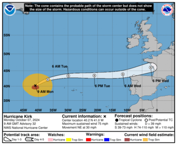 kaart van 7 oktober 2024 met de baan die storm Kirk aflegt richting Europa