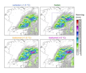 Landkaarten van Europa met de hoeveelheid neerslag in een kouder, het huidige, en een warmer klimaat