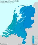 Kaart van Nederland met in kleur de gemiddelde wintertemperatuur in de periode 1991-2020