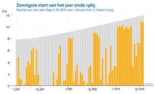 Staafdiagram met het aantal zonuren per dag in De Bilt van 1 januari tot 17 maart 2025