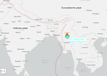 Kaart met de aardbeving in Myanmar van 28 maart 2025