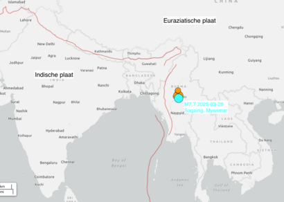 Kaart met de aardbeving in Myanmar van 28 maart 2025
