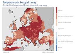 Kaartje van Europa met in kleur de temperatuur in 2024 als afwijking van het gemiddelde over 1991-2020.