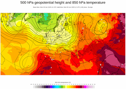 Animatie van een kaart van Europa met in kleur de temperatuur op ongeveer 1,5 kilomter hoogte en de wind op ongeveer 5 kilometer hoogte.