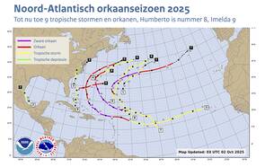 Kaart van de Noord-Atlantische oceaan met daarin getekend de afgelegde weg van de negen tropische stormen en orkanen tot nu toe van het orkaanseizoen 2025