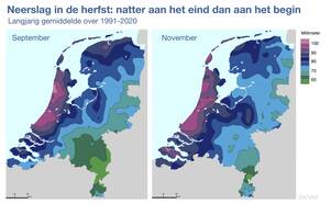 Twee kaarten van Nederland met in kleur de hoeveelheid neerslag in september (links) en november (rechts) gemiddeld over 1991-2020.