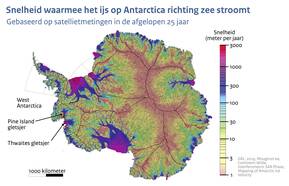 Kaart van Antarctica met in kleur de snelheid waarmee het ijs op Antarctica richting zee stroomt gebaseerd op 25 jaar aan satellietmetingen. 