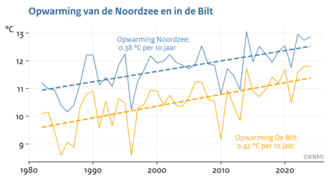 Lijngrafiek met de temperatuur in De Bilt (oranje) en (blauw) de temperatuur van de Noordzee vlak voor de kust.