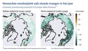 Kaartjes van het noordpoolgebied met in kleur de verschuiving in het aantal dagen van de jaarlijkse piek in de beschikbaarheid van voedsel