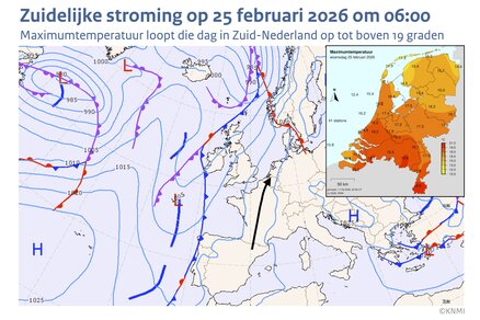 Weerkaart van West-Europa van 25 februari 2026 met een lagedrukgebied boven de atlantische oceaan en een hogedrukgebied boven Oost-Europa met een zuidelijke stroming over West-Europa.
