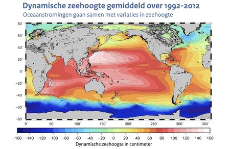 Wereldkaart met in kleur de gemiddelde dynamische zeehoogte in de periode 1992-2012