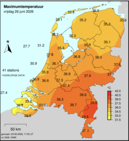 Kaartje van Nederland met in kleur de gemeten maximumtemperatuur op 26 juni 2026.