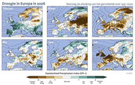 Kaartjes van Europa voor de maanden februari tot en met juli 2026 met de afwijking in de hoeveelheid neerslag ten opzichte van het 1991-2020 gemiddelde