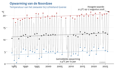 Lijngrafiek van de etmaalgemiddelde temperatuur van het zeewater bij Lichteiland Goeree vanaf 1984 tot 2026