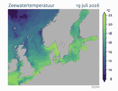 Animatie van de zeewatertemperatuur van 19 juli tot 19 augustus 2026 rond Europa