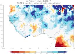 Figuur 2. Relatieve afwijking van gemiddeld van juni–oktober 2017 regen in West Afrika, -0.5 betekent 50% minder regen dan normaal, +0.5 juist 50% meer dan normaal.