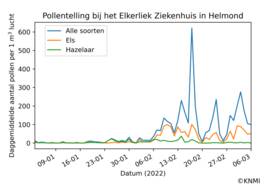 Grafiek met gemeten pollenconcentratie in Helmond in 2022