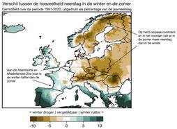 kaart van europa met gemiddelde neerslagverschil tussen winter en zomer, als percentage van de jaarneerslag. Groene kleuren geven aan dat de winter natter is, en bruine kleuren dat de winter droger i