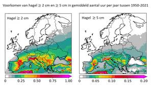 Kaart van Europa met in in kleur het gemiddeld aantal uur per jaar met hagelbuien met stenen groter dan 2 cm (links) of 5 cm (rechts) in de periode 1950-2021, berekend op basis van een relatie tussen waargenomen hagelstenen en weergegevens.
