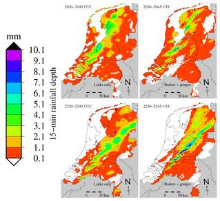 Regenkaarten van 15-minuutsommen gebaseerd op data van radiostraalverbindingen (links) en op met regenmeterdata gecorrigeerde radardata (rechts) (Bron: KNMI)