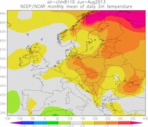 Gemiddelde temperatuur, afwijking van het langjarig gemiddelde tijdens de zomer van 2013 (juni, juli, augustus) (Bron: NCEP/NCAR)