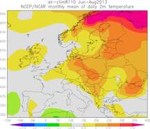 Gemiddelde temperatuur, afwijking van het langjarig gemiddelde tijdens de zomer van 2013 (juni, juli, augustus) (Bron: NCEP/NCAR)