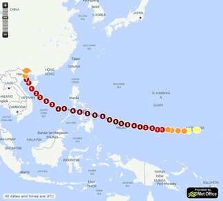 Route die supertyfoon Haiyan aflegde die op 8 en 9 november de Filipijnen trof (Bron: Met. Office) 