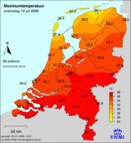 Maximum temperatuur in Nederland op 19 juli 2006