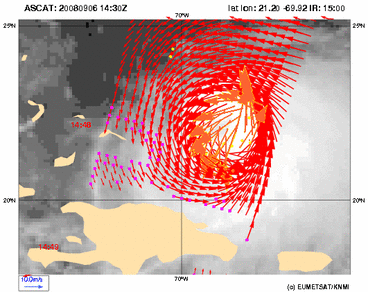 Windveld rond hurricane Ike volgens scatterometer (Bron: KNMI/Eumetsat)