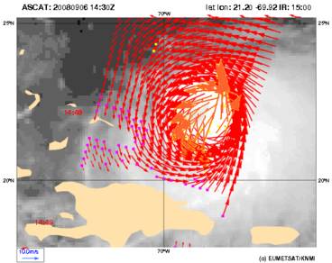 Windveld rond hurricane Ike volgens scatterometer (Bron: KNMI/Eumetsat)