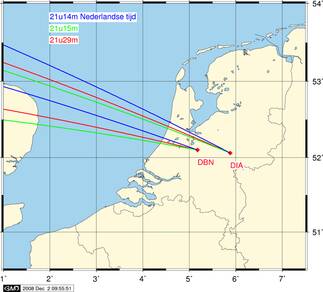 Kaart met richtingen waar vanuit de gemeten signalen waargenomen zijn