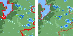 Het nieuwe KNMI-radarbeeld (rechts) is een stuk scherper en geeft meer details
