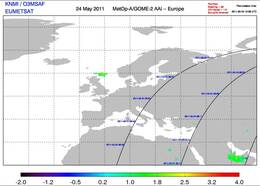 Aswolk boven de Noordzee, waargenomen door het GOME-2 satellietinstrument op 24 mei rond 12 uur. De hoeveelheid as wordt in de Absorbing Aerosol Index (AAI) uitgedrukt (Bron: KNMI)