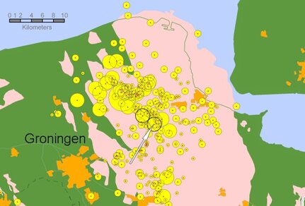 Kaart van de seismiciteit van Noord-Oost Nederland.