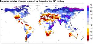 Kaart veranderingen in beschikbaarheid water in de wereld (bron: IPCC)