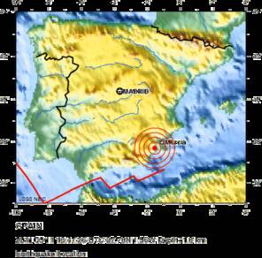 De lokatie van de aardbeving van 11 mei in Spanje. De rode lijn geeft de plaatgrens tussen de Europese en Afrikaanse plaat aan. (Bron: USGS)