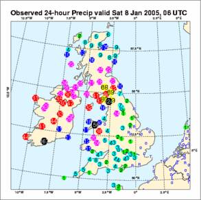 Neerslagkaart van 8 januari 2005