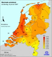 Maximale windstoten 18 januari 2007