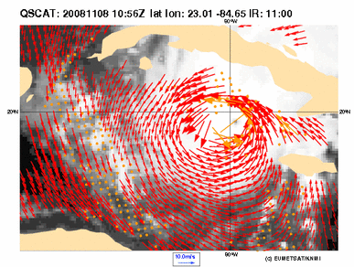 Windveld rond hurricane Paloma gemeten met scatterometer