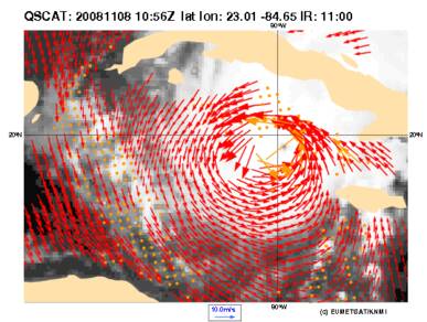 Windveld rond hurricane Paloma gemeten met scatterometer