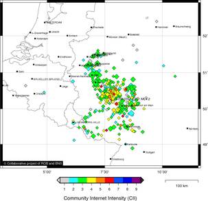 Kaart met Intensiteiten van de aardbeving bij Koblenz. Intensiteit geeft aan hoe sterk de aardbeving gevoeld is. (Bron: BNS)