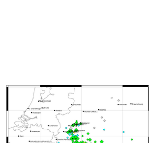 Kaart met Intensiteiten van de aardbeving bij Koblenz. Intensiteit geeft aan hoe sterk de aardbeving gevoeld is. (Bron: BNS)