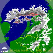 KNMI-radarbeelden storm en buien 1 maart 2008