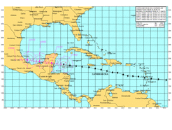 Routekaart hurricane Dean (augustus 2007)